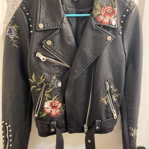 Black Leather jacket with floral design with studs